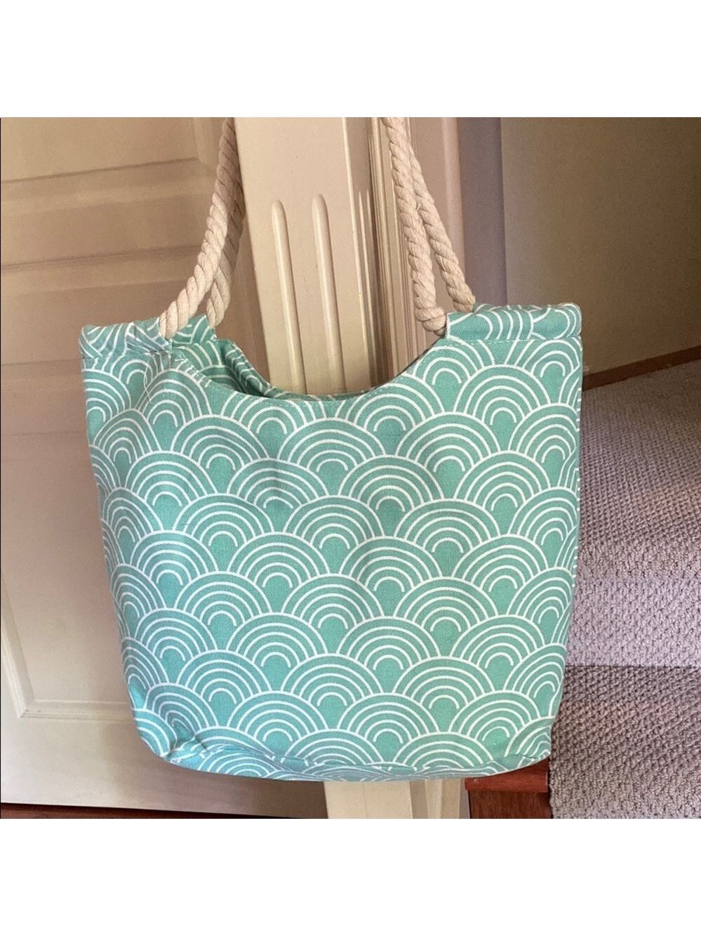 NEW Green Geometric Wave Tote Bag with Rope Handles